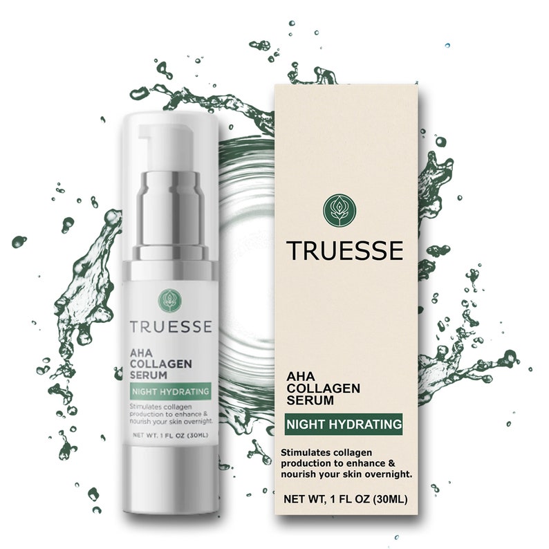 May include: A white bottle of Truesse AHA Collagen Serum with a green leaf logo. The bottle is labeled "Night Hydrating" and says it stimulates collagen production to enhance and nourish skin overnight. The bottle is 1 fl oz (30 ml).