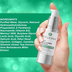 May include: A white bottle of Truesse HA Collagen Serum with a green leaf logo. The bottle is labeled "Night Hydrating" and has a description about stimulating collagen production to enhance skin overnight. The bottle is 1 fl oz (30 ml).