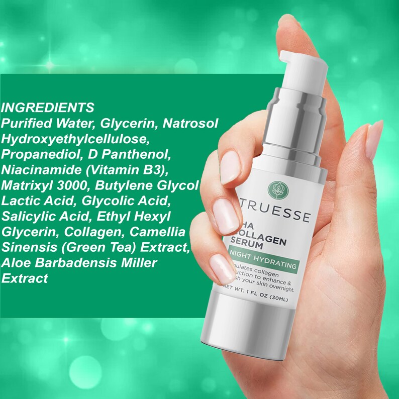 May include: A white bottle of Truesse HA Collagen Serum with a green leaf logo. The bottle is labeled "Night Hydrating" and has a description about stimulating collagen production to enhance skin overnight. The bottle is 1 fl oz (30 ml).
