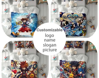 Ensemble de housse de couette Kingdom Hearts avec nom personnalisé, housse de couette pour chambre d'enfant, parure de lit, taie d'oreiller, décoration d'intérieur, cadeau confortable pour des amis.