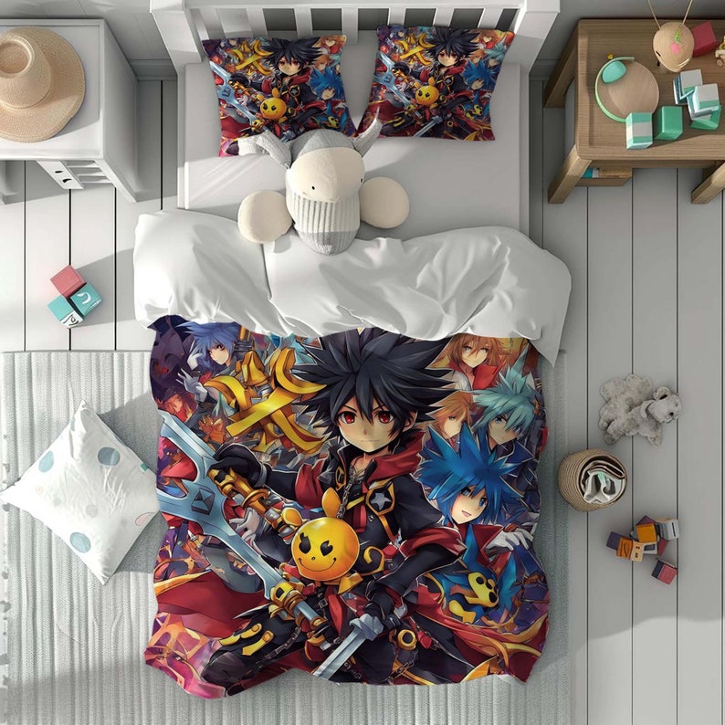 Ensemble de housse de couette Kingdom Hearts avec nom personnalisé, housse de couette pour chambre d'enfant, parure de lit, taie d'oreiller, décoration d'intérieur, cadeau confortable pour des amis. D