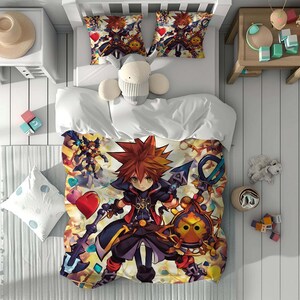 Ensemble de housse de couette Kingdom Hearts avec nom personnalisé, housse de couette pour chambre d'enfant, parure de lit, taie d'oreiller, décoration d'intérieur, cadeau confortable pour des amis. C