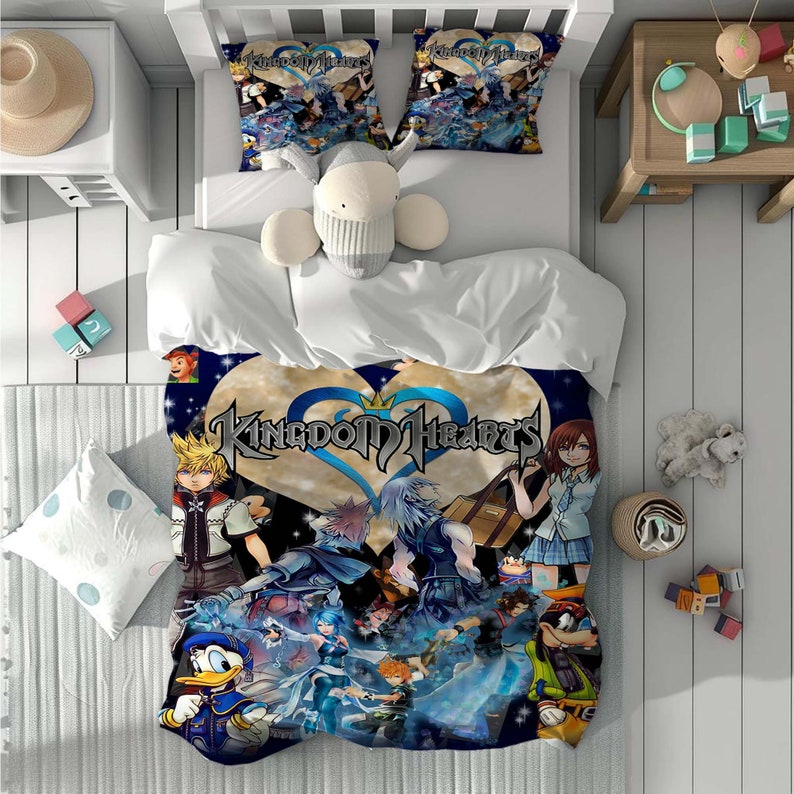 Ensemble de housse de couette Kingdom Hearts avec nom personnalisé, housse de couette pour chambre d'enfant, parure de lit, taie d'oreiller, décoration d'intérieur, cadeau confortable pour des amis. B