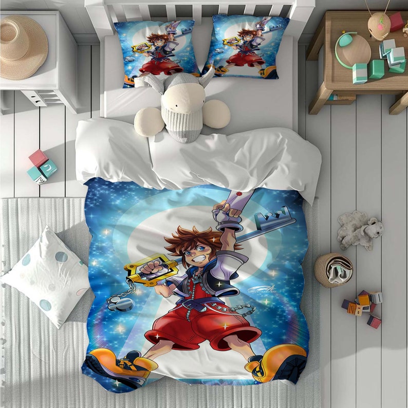 Ensemble de housse de couette Kingdom Hearts avec nom personnalisé, housse de couette pour chambre d'enfant, parure de lit, taie d'oreiller, décoration d'intérieur, cadeau confortable pour des amis. A