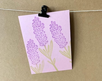 Linocut "Lavender" A6. Original linocut. Color: pink. Handmade. Greeting card or small picture for framing. Art lino cut print.