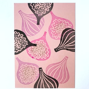 Linolschnitt "Feigen". Original Linoldruck, A6. Farbe: Pink. Handgefertigt. Grußkarte oder kleines Bild für Rahmen. Art Lino Cut Print.