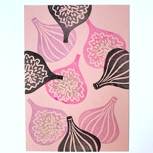 Linocut "Figs". Original lino print, A6. Color: Pink. Handcrafted. Greeting card or small picture for frame. Art Lino Cut Print.