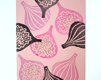 Linolschnitt "Feigen". Original Linoldruck, A6. Farbe: Pink. Handgefertigt. Grußkarte oder kleines Bild für Rahmen. Art Lino Cut Print.