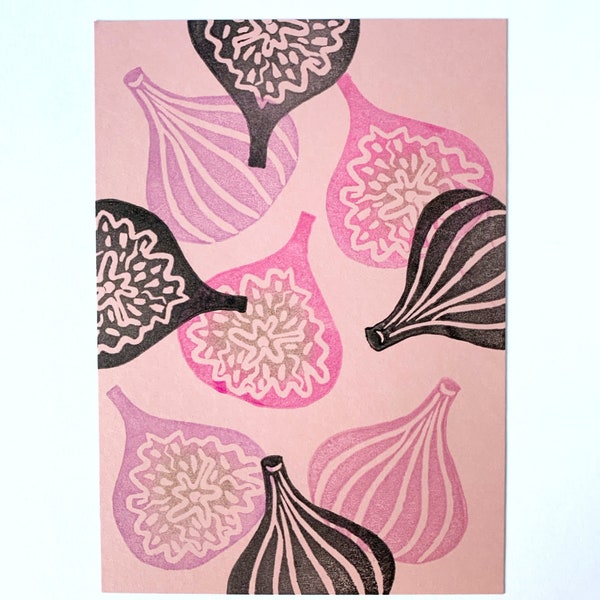 Linocut "Figs". Original lino print, A6. Color: Pink. Handcrafted. Greeting card or small picture for frame. Art Lino Cut Print.