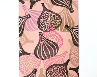 Linocut "Figs." Original linocut, A6. Color: pink. Handmade. Greeting card or small picture for framing. Art lino cut print.