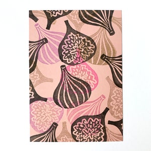 Linolschnitt "Feigen". Original Linoldruck, A6. Farbe: Pink. Handgefertigt. Grußkarte oder kleines Bild für Rahmen. Art Lino Cut Print.