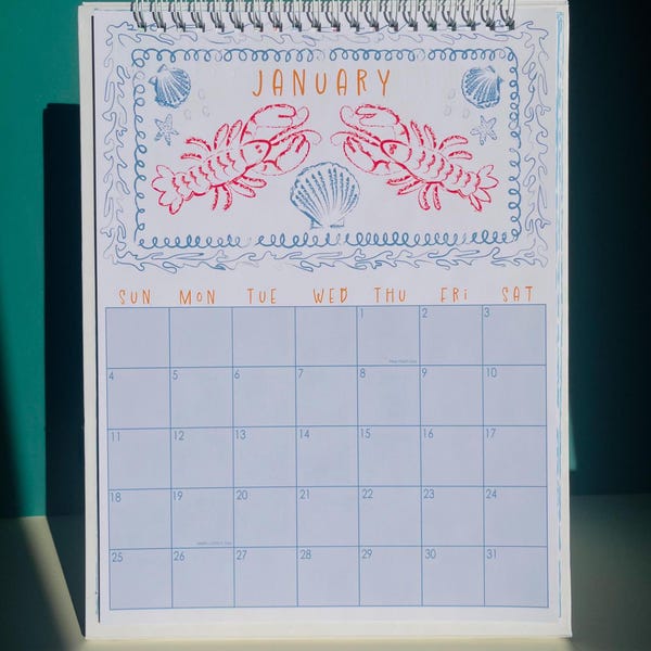 Calendrier océanique 2026 avec illustrations marines - Support rigide