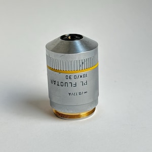 May include: A silver and gold microscope objective lens. The lens has a cylindrical body with a ridged top and a gold-colored ring near the base. The text "PL FLUOTAR 10x/0.30" is printed on the side.