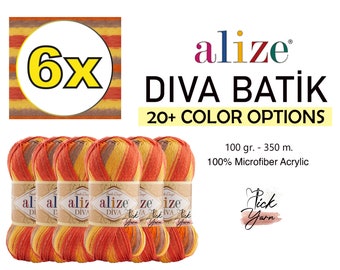 6 SKEINS Alize Diva Batik Yarn, Silky Effect Batik Yarn, Bikini Yarn, Summer Yarn, Amigurumi Yarn, Crochet Yarn, Knitting Yarn, Soft Yarn