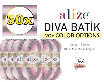 50 SKEINS Alize Diva Batik Yarn, Alize Batik 20+ Color Options Microfiber Acrylic Thread, Alize Diva Batik Sport 2 Yarn Knitting Multi Color