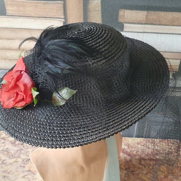 Chapeau ancien paille voilette fleur plume - 6