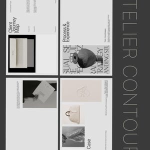 Może przedstawiać: Układ z napisem "ATELIER CONTOUR" w orientacji pionowej. Projekt zawiera sekcje z tekstem i obrazami, takie jak "Client Journey Map", "Process & Experience" i "Portfolio & Case Studies".