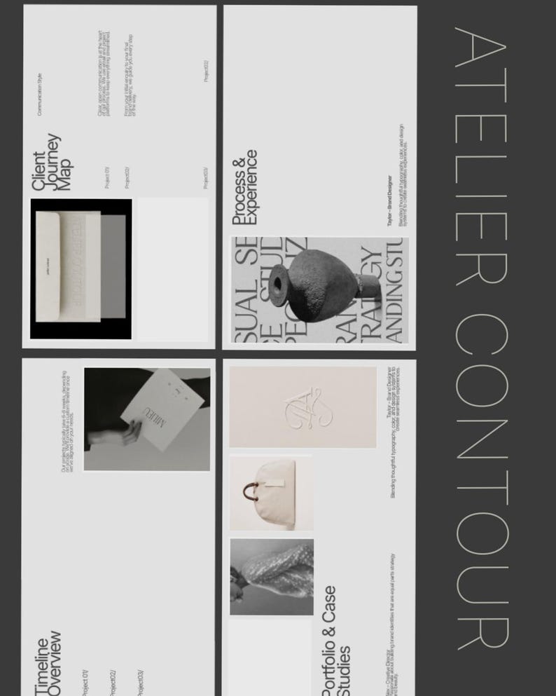 Może przedstawiać: Układ z napisem "ATELIER CONTOUR" w orientacji pionowej. Projekt zawiera sekcje z tekstem i obrazami, takie jak "Client Journey Map", "Process & Experience" i "Portfolio & Case Studies".