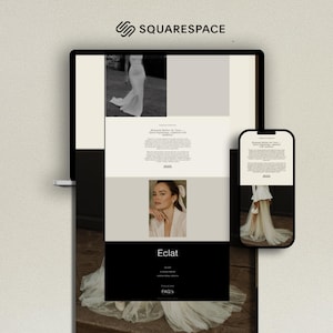 Op de afbeelding: Een Squarespace website-ontwerp weergegeven op een laptop en smartphone. De website heeft een bruiloftthema met afbeeldingen van een bruid, tekst en het woord "Eclat". Het ontwerp heeft een neutraal kleurenpalet.