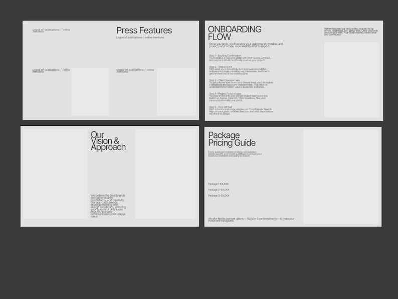 Może przedstawiać: Czteropanelowy układ na ciemnoszarym tle. Panele zawierają tekst i puste przestrzenie. Lewy g&oacute;rny panel zawiera napis "Press Features". Prawy g&oacute;rny panel zatytułowany jest "Onboarding Flow". Lewy dolny panel zatytułowany jest "Our Vision & Approach". Prawy dolny panel zatytułowany jest "Package Pricing Guide".