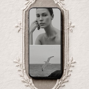 May include: Black and white image of a smartphone displaying two images. The top image is a portrait of a person, and the bottom image is a seagull flying over the ocean. The phone is set in a decorative frame.