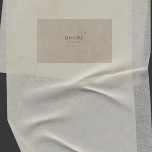 May include: A sheet of off-white, semi-translucent paper with visible folds and creases. Centered on the paper is a rectangular beige label featuring the black text ELMOIRE, FOUNDING EDITION, and VOL I in a clean, sans-serif typeface.
