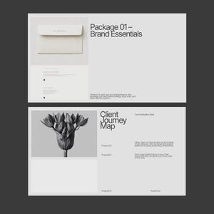 Może przedstawiać: Minimalistyczny układ graficzny z kremową kopertą z napisem "FLOURISH" i tekstem "Package 01 - Brand Essentials". Poniżej czarno-biały obraz kwiatu i tekst "Client Journey Map".