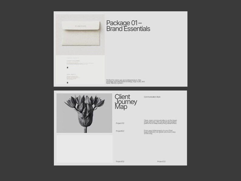 Może przedstawiać: Minimalistyczny układ graficzny z kremową kopertą z napisem "FLOURISH" i tekstem "Package 01 - Brand Essentials". Poniżej czarno-biały obraz kwiatu i tekst "Client Journey Map".