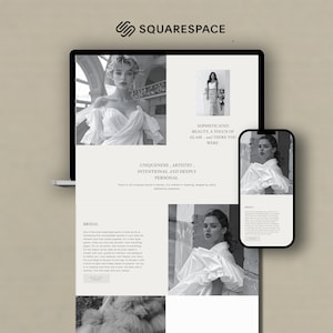 May include: A Squarespace website design displayed on a laptop and smartphone. The website features a bridal theme with black and white images of women in wedding dresses. Text includes "Sophisticated Beauty" and "Bridal."
