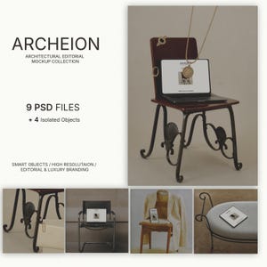 May include: A digital mockup collection titled ARCHEION featuring 9 PSD files and 4 isolated objects. The display shows a laptop on a dark metal chair with scrollwork legs, a gold pendant necklace, and four smaller panels showing various furniture.