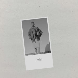 May include: A rectangular print featuring a black and white photograph of a person wearing a patterned jacket and a skirt, holding a bag. Below the photograph, the text reads Title here followed by the smaller text small text here.