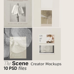 Könnte beinhalten: Eine Szene mit Mockups in einer neutralen Farbpalette. Das Bild zeigt verschiedene rechteckige Karten und Poster, einige mit Text und abstrakten Designs. Der Text enthält "STUDIO ARCHIVE", "ATELIER CONTOUR", "Clematis" und "The Scene Creator Mockups 10 PSD files".