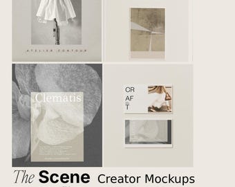 May include: A scene set of mockups with a neutral color palette. The image includes various rectangular cards and posters, some with text and abstract designs. The text includes "STUDIO ARCHIVE", "ATELIER CONTOUR", "Clematis", and "The Scene Creator Mockups 10 PSD files".