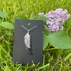 Beautiful Handmade 24” Silver and Black Feather Necklace, 2MM Metal Chain with Metal Pendants