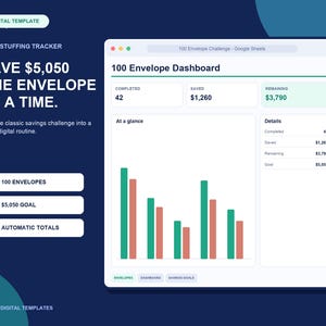 100 Envelope Challenge Tracker Google Sheets | Cash Stuffing Savings Spreadsheet, Automatic 5050 Goal