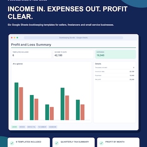 May include: A digital template bundle for Google Sheets featuring six bookkeeping tools. The interface displays a Profit and Loss Summary with data fields for income, expenses, and net profit, alongside a bar chart comparing financial metrics.