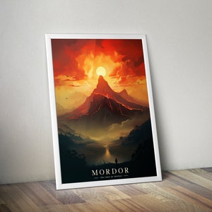 Mordor - Monte del Destino - Póster de viaje vintage - El Señor de los Anillos, La Tierra Media, El Hobbit - Fan Art de fantasía