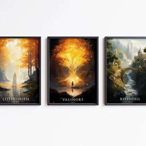 Mittelerde, Elfenkönigreiche - 3 x Vintage Reise Poster Mega Bundle - Fantasy Fan Wandkunst - Tolkien