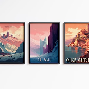 Juego de Tronos - Mega Lote de 3 pósteres de viaje vintage - Canción de Hielo y Fuego, Poniente - Arte mural de fantasía - Regalos geek