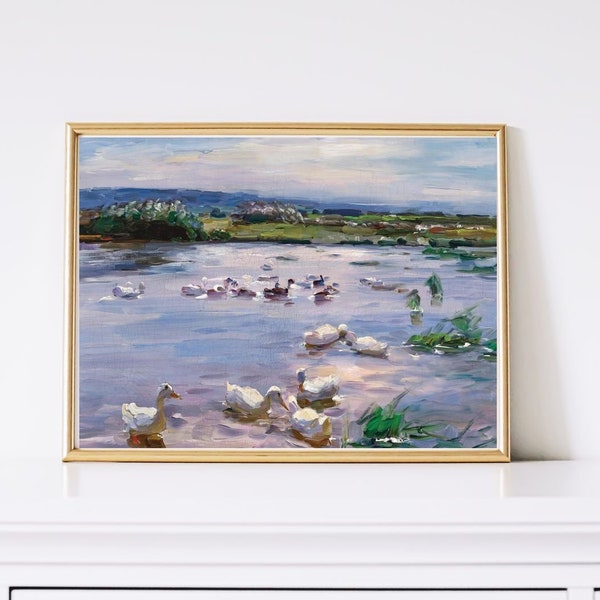 Printable antique oil painting Ducks on the lakeside, landscape Art printing, country field Wall Art digital download, instant decor home