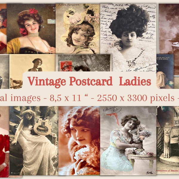 Vintage Postcard ladies Printable | Commercial Use Digital Download Collage Sheets | Set of 14 prints scrapbooking | instant download