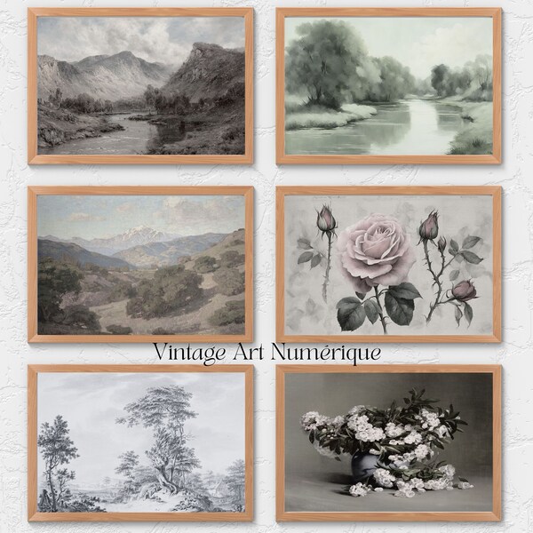 PRINTABLE Gallery Wall print set vintage Wall Art | neutral landscape and flower | Room Decor Aesthetic | Digital Wall Art, Posters Vintage