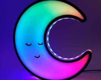 Luminária noturna LED animada em formato de lua, conectada à internet.