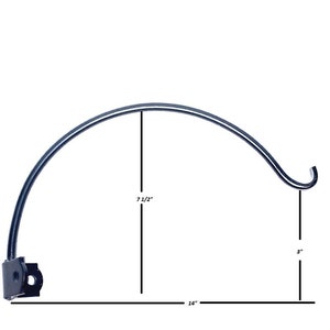 May include: Black metal hook with a 7 1/2 inch height, 14 inch width, and 3 inch depth.