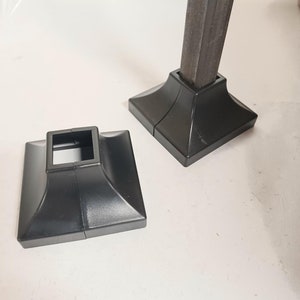 2 pk cosmetic 1&quot; Post stair railing base skirt covers posts banister legs Snap ON use with New or Old Handrails. Black