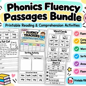 May include: A Phonics Fluency Passages Bundle featuring printable reading and comprehension activities. The set includes fluency passages, word cards, sorting activities, answer keys, and fluency trackers, all presented in a clear, black and white format.