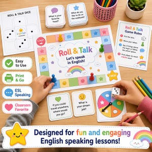 May include: A colorful board game set for English language learning, featuring a game board, dice, cards with questions, and game pieces. The game is titled "Roll & Talk" and includes the text "Let's speak in English!"