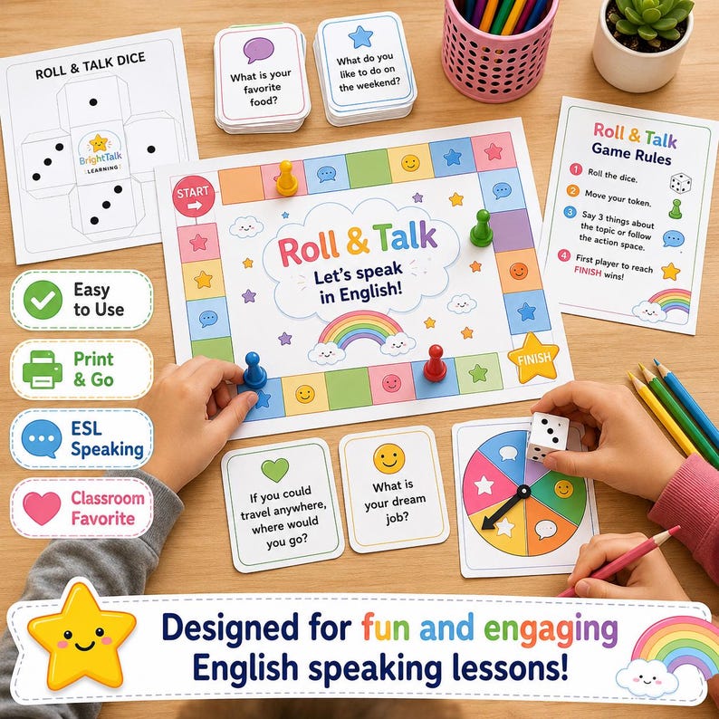 May include: A colorful board game set for English language learning, featuring a game board, dice, cards with questions, and game pieces. The game is titled "Roll & Talk" and includes the text "Let's speak in English!"