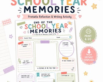 End of School Year Memories Worksheet for Kids | School Memory Book Activity | Last Day of School Reflection Printable