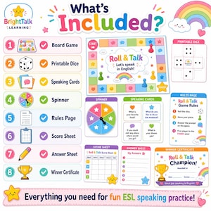 May include: An educational game set for ESL learners. The image shows a board game, dice, speaking cards, a spinner, rules, a score sheet, an answer sheet, and a winner's certificate. The game is called "Roll & Talk" and is designed for fun ESL speaking practice.
